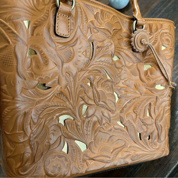 Adeline Cognac Tan Brown Gold Tooled Cutout Leather Satchel shoulder tote bag - Picture 16 of 16